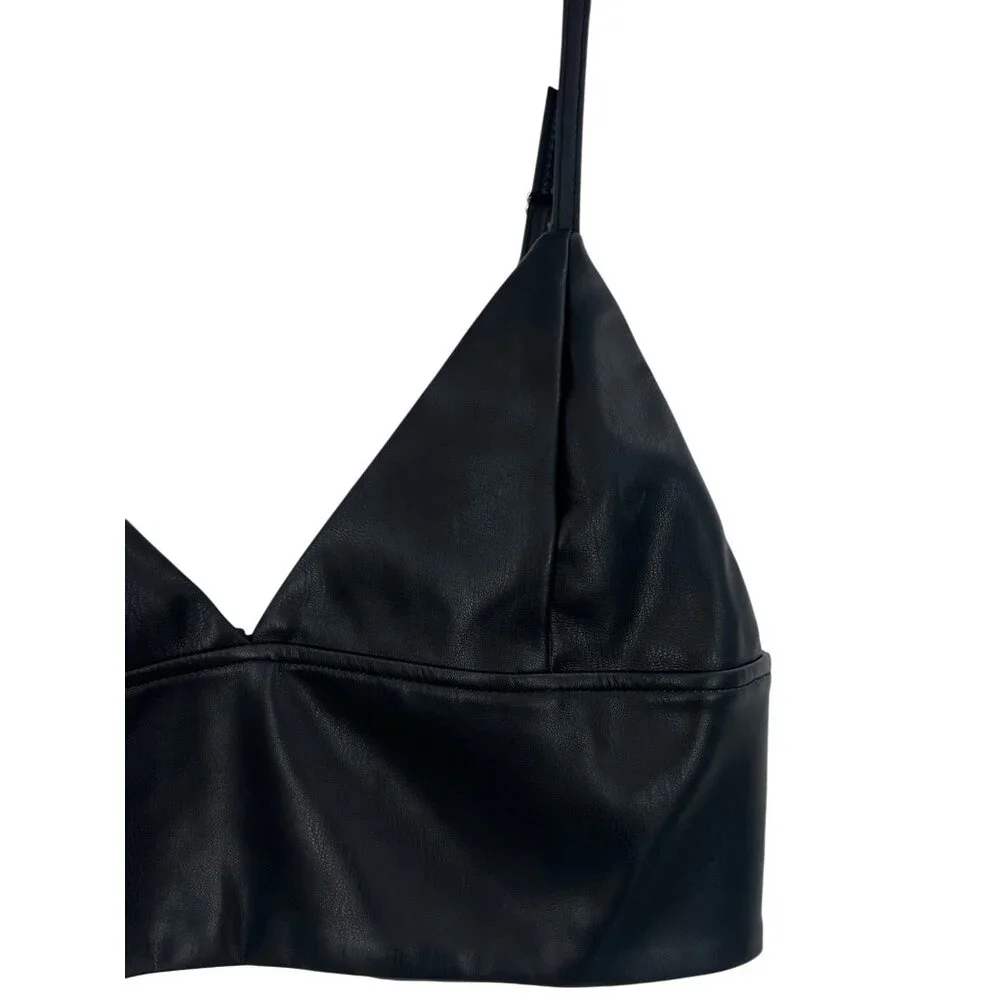 NWOT Shoedazzle Black Soft Vegan Leather Edgy V-Neck Sexy Club Rave EDM Crop Top - Picture 10 of 16